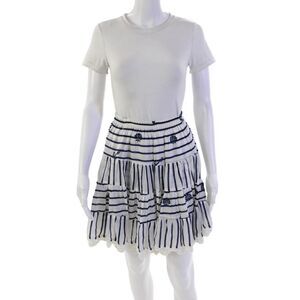 Letarte Handmade Womens Cotton Striped Pattern Embroidered Skirt White Size M
